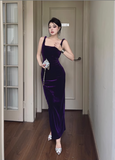 Simple Elegant Purple Velvet Slim-fit Spaghetti Strap Dress HZ1024