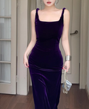 Simple Elegant Purple Velvet Slim-fit Spaghetti Strap Dress HZ1024