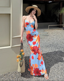 New Simple Holiday Floral Print Dress Sexy Spaghetti Strap Dress HZ1024