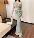 New Fashion Light Green Irregular One-shoulder Style Mesh Long-sleeved Dress HZ1024