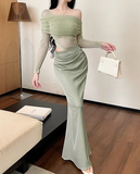 New Fashion Light Green Irregular One-shoulder Style Mesh Long-sleeved Dress HZ1024