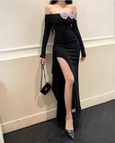 Women Simple Fashion Purple Flowers Black Long-sleeved Dress HZ1024