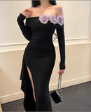 Women Simple Fashion Purple Flowers Black Long-sleeved Dress HZ1024