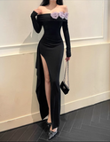 Women Simple Fashion Purple Flowers Black Long-sleeved Dress HZ1024