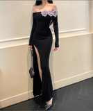 Women Simple Fashion Purple Flowers Black Long-sleeved Dress HZ1024