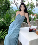 New ashion Light Blue Sleeved Backless Beach Halter Dress HZ1024