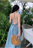 New ashion Light Blue Sleeved Backless Beach Halter Dress HZ1024