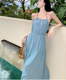 New ashion Light Blue Sleeved Backless Beach Halter Dress HZ1024
