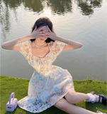 New Fashion Floral Design Lace Short Sleeve Puffy Dress HZ1024