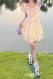 New Fashion Floral Design Lace Short Sleeve Puffy Dress HZ1024