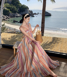 New Rainbow Stripe Design Beach Holiday Casual Halter Dress HZ1024