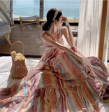 New Rainbow Stripe Design Beach Holiday Casual Halter Dress HZ1024