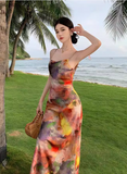 Simple New Painting Style Floral Design Elegant Beach Holiday Spaghetti Strap Dress HZ1024