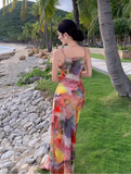 Simple New Painting Style Floral Design Elegant Beach Holiday Spaghetti Strap Dress HZ1024