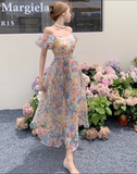 New Elegant Floral Design Puff Sleeves Princess Style Spaghetti Strap Dress HZ1024