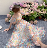 New Elegant Floral Design Puff Sleeves Princess Style Spaghetti Strap Dress HZ1024