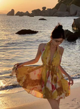 New Stylish Yellow Floral Design A-Line Halter Dress HZ1024