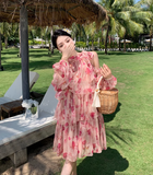 New Fashion Pink Floral Design Long Sleeves Off-the-shoulder A-Line Halter Dress HZ1024