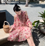 New Fashion Pink Floral Design Long Sleeves Off-the-shoulder A-Line Halter Dress HZ1024