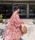 New Fashion Pink Floral Design Long Sleeves Off-the-shoulder A-Line Halter Dress HZ1024