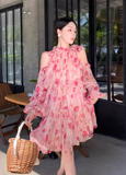 New Fashion Pink Floral Design Long Sleeves Off-the-shoulder A-Line Halter Dress HZ1024
