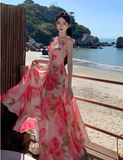 New Simple Pink Floral Design A-Line Beach Holiday Spaghetti Strap Dress HZ1024