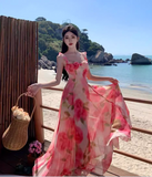New Simple Pink Floral Design A-Line Beach Holiday Spaghetti Strap Dress HZ1024