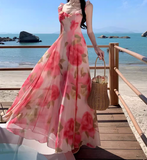 New Simple Pink Floral Design A-Line Beach Holiday Spaghetti Strap Dress HZ1024