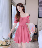 New Fashion Short Sleeves Rose Pink Design A-Line Dress HZ1024