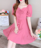 New Fashion Short Sleeves Rose Pink Design A-Line Dress HZ1024