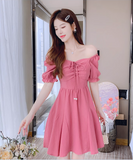 New Fashion Short Sleeves Rose Pink Design A-Line Dress HZ1024