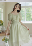 New Simple Fashion Green Short Sleeve Design A-Line Long Dress HZ1024