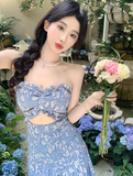 New Fashion Blue Floaral Design A-Line Spaghetti Strap Dress HZ1024