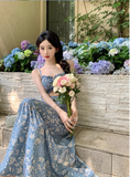 New Fashion Blue Floaral Design A-Line Spaghetti Strap Dress HZ1024