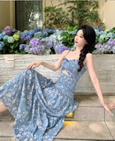 New Fashion Blue Floaral Design A-Line Spaghetti Strap Dress HZ1024
