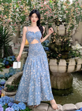 New Fashion Blue Floaral Design A-Line Spaghetti Strap Dress HZ1024