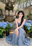 New Fashion Blue Floaral Design A-Line Spaghetti Strap Dress HZ1024