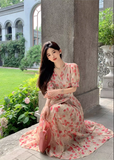 New Fashion Pink Floral Design Short Sleeves V-neck A-Line Women Long Dress HZ1024