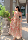 New Fashion Pink Floral Design Short Sleeves V-neck A-Line Women Long Dress HZ1024