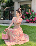New Fashion Pink Floral Design Short Sleeves V-neck A-Line Women Long Dress HZ1024