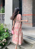 New Fashion Pink Floral Design Short Sleeves V-neck A-Line Women Long Dress HZ1024