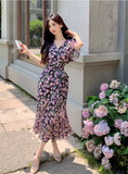 New Fashion Floaral Design V-neck Short Sleeves Mermaid Slim Long Dress HZ1024