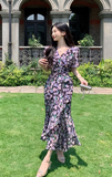 New Fashion Floaral Design V-neck Short Sleeves Mermaid Slim Long Dress HZ1024