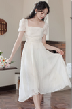 New Fashion Simple Creamy White Short Sleeves Design Women Long Dress HZ1024