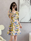 New Fashion Simple Floral Short Sleeves Design V-neck Slim Dress HZ1024