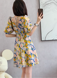 New Fashion Simple Floral Short Sleeves Design V-neck Slim Dress HZ1024
