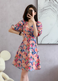 New Fashion Simple Floral Short Sleeves Design V-neck Slim Dress HZ1024