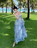 Simple Elegant Blue Floral Design Beach Holiday Spaghetti Strap Dress HZ1024