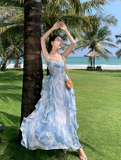 Simple Elegant Blue Floral Design Beach Holiday Spaghetti Strap Dress HZ1024