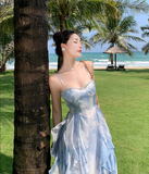 Simple Elegant Blue Floral Design Beach Holiday Spaghetti Strap Dress HZ1024
